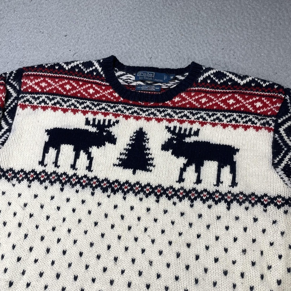 Polo Ralph Lauren Sweater Mens Medium White Moose Fair Isle Crewneck Pullover - Picture 2 of 16